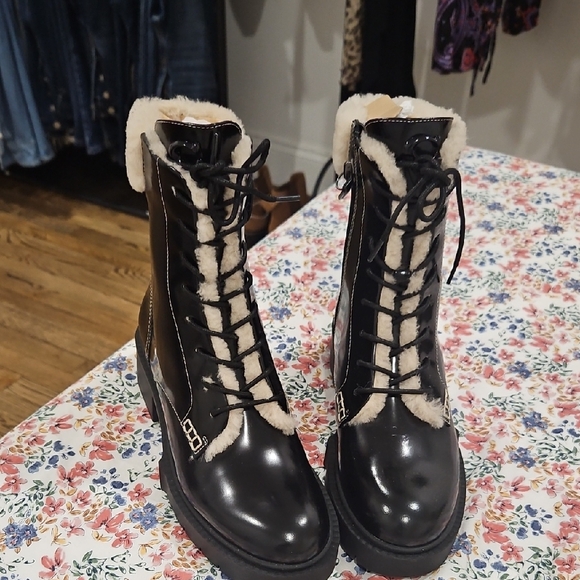 Women's Black and Cream Lace-Up Boots - Picture 1 of 1